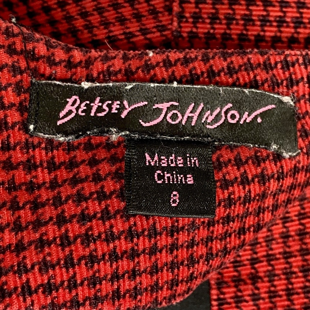 Vtg Sz 8 Betsey Johnson Y2K Houndstooth Tiered Skirt Ruffle Red Suspender RARE - Picture 5 of 6